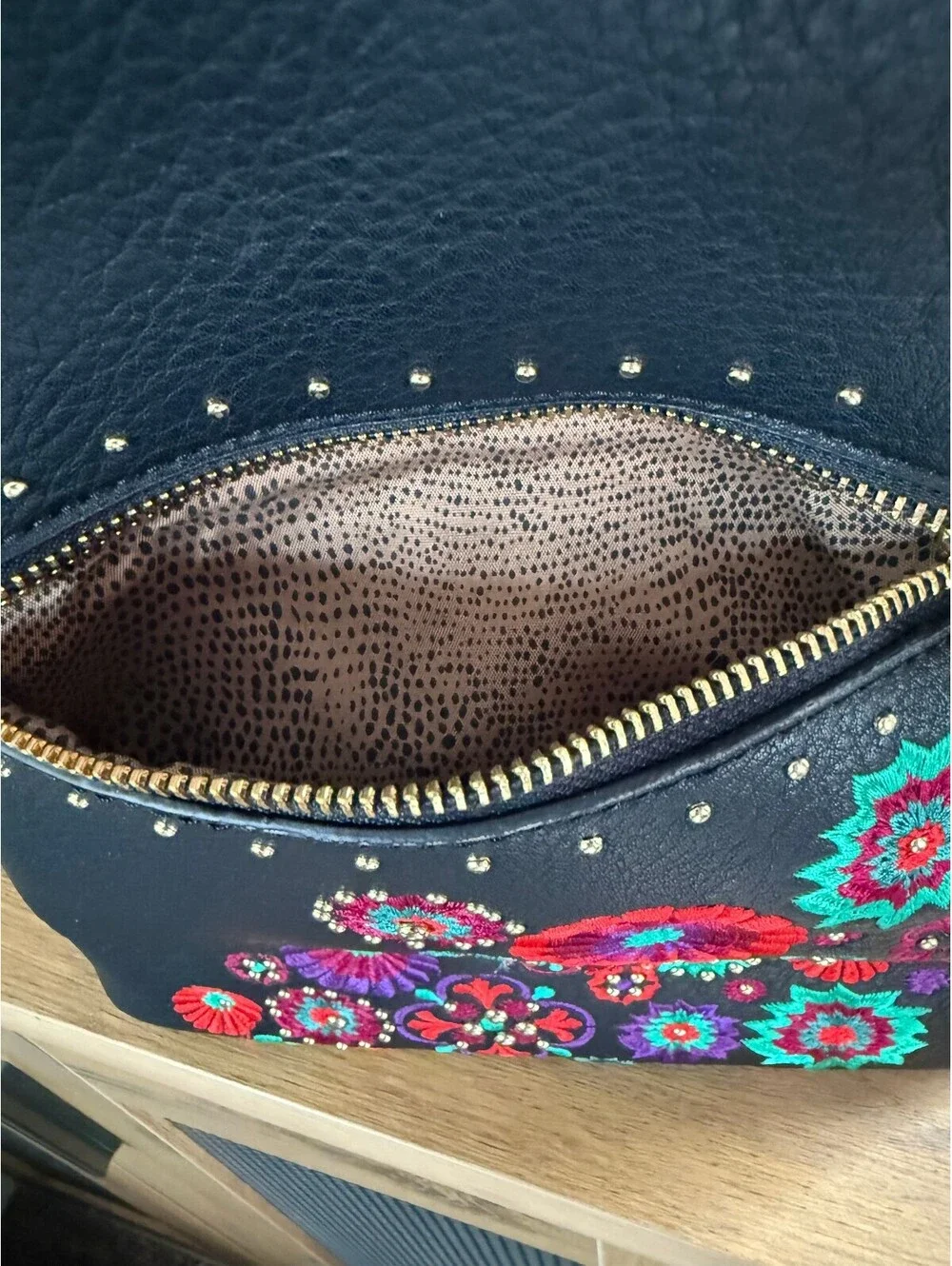 Steve Madden Black Floral Embroidered Faux Leather Backpack